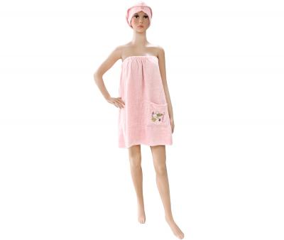 Комплект полотенец сауна женский (полотенце на липучке+тюрбан) Светло-розовый
