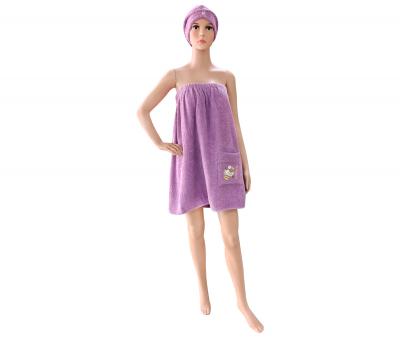 Комплект полотенец сауна женский (полотенце на липучке+тюрбан) Фиолетовый