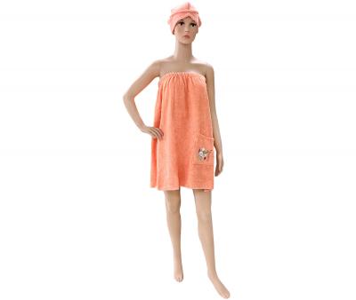 Комплект полотенец сауна женский (полотенце на липучке+тюрбан) Оранжевый