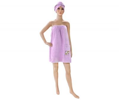 Комплект полотенец сауна женский (полотенце на липучке+тюрбан) Сиреневый